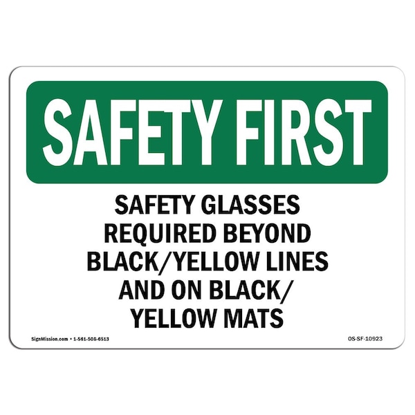 OSHA Sign, Glasses Required Beyond Black-Yellow, 18in X 12in Aluminum, 18" W, 12" H, Landscape